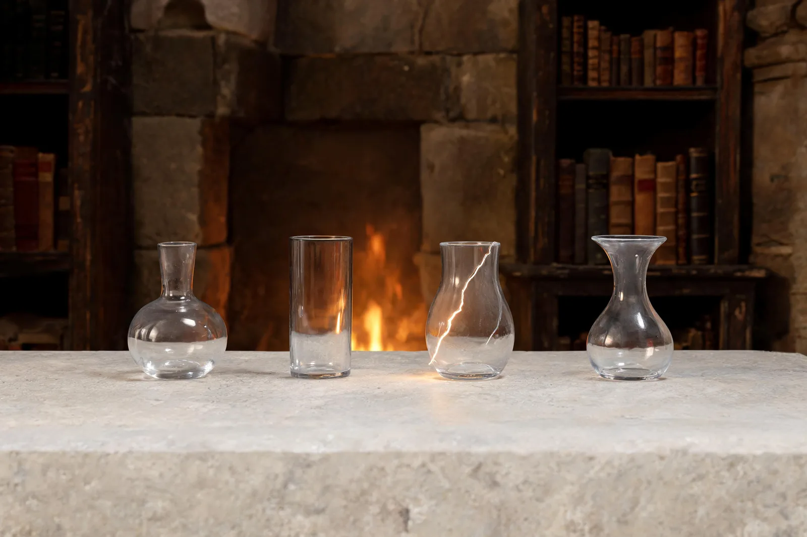 Four small glass vessels in a symmetric row on a plain stone table, one cracked with a thin thread of pale light escaping it, the others intact, in soft firelight, no cards, no text