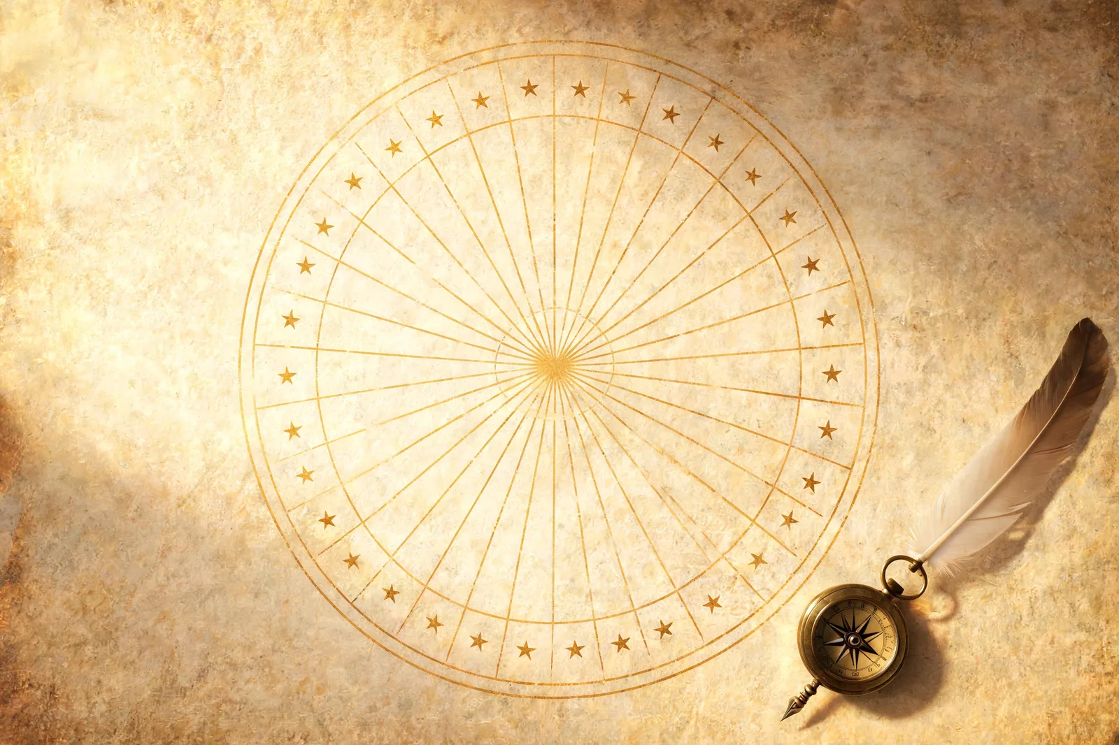A gold star-ring wheel chart of thirty-six wedges on parchment, with a brass compass and quill in dawn light, for the agrippa 72 names tarot of the small cards
