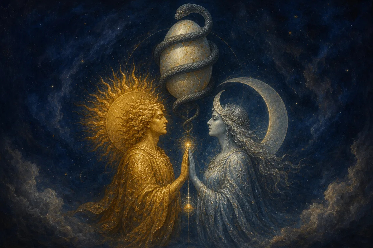 The Lovers tarot card artwork: an alchemical marriage of sun and moon figures beneath a serpent-wrapped egg
