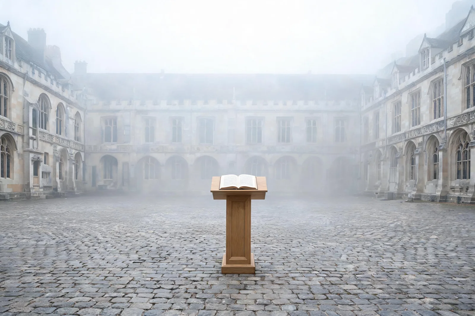 A bare wooden lectern with one open book at the centre of a quiet 17th-century Dutch university courtyard, mist light, western esotericism tarot threshold