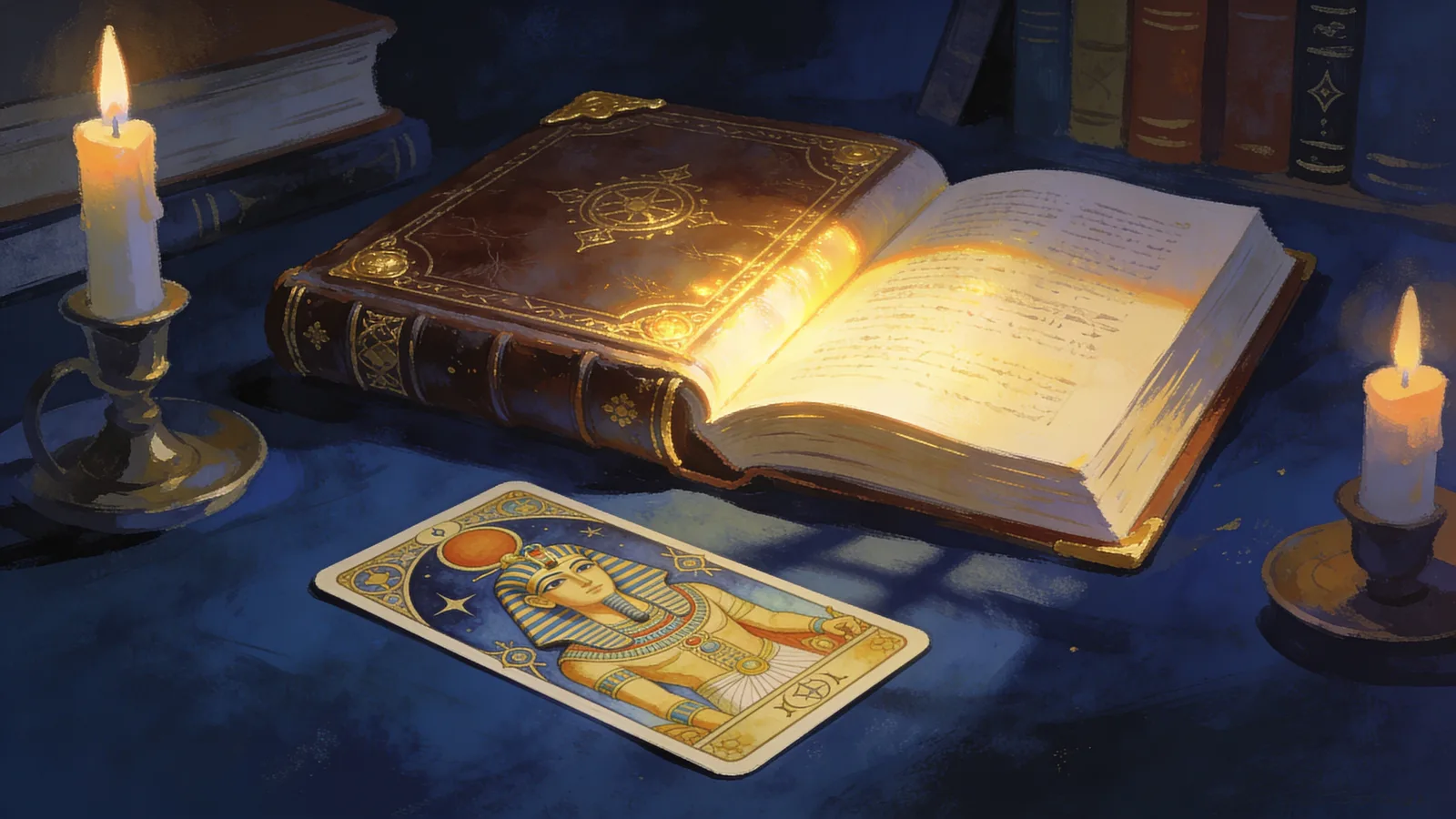 An open antique book beside painted cards, Aleister Crowley's Book of Thoth explained in candlelight