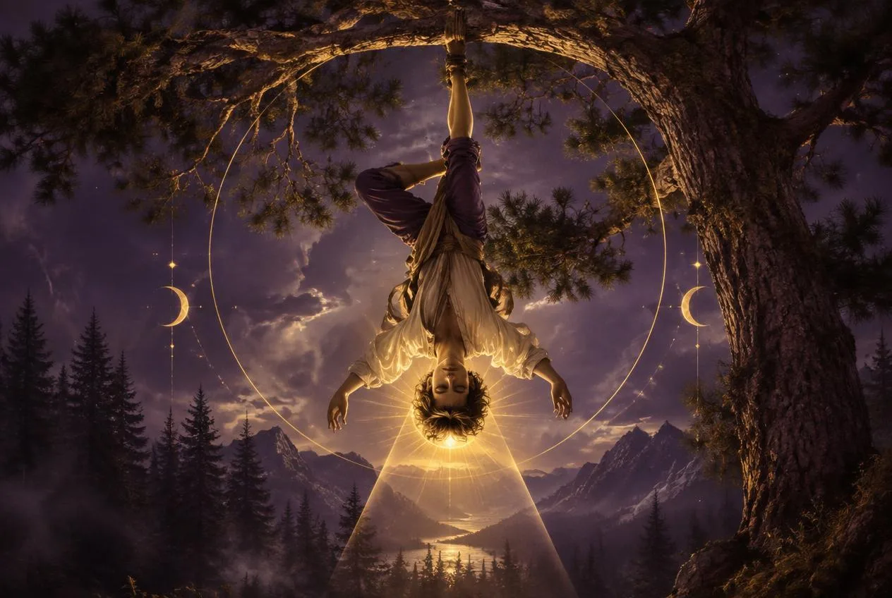 A figure suspended by one ankle from a living tree with golden light radiating from the head — the hanged man tarot card meaning thoth deck imagery