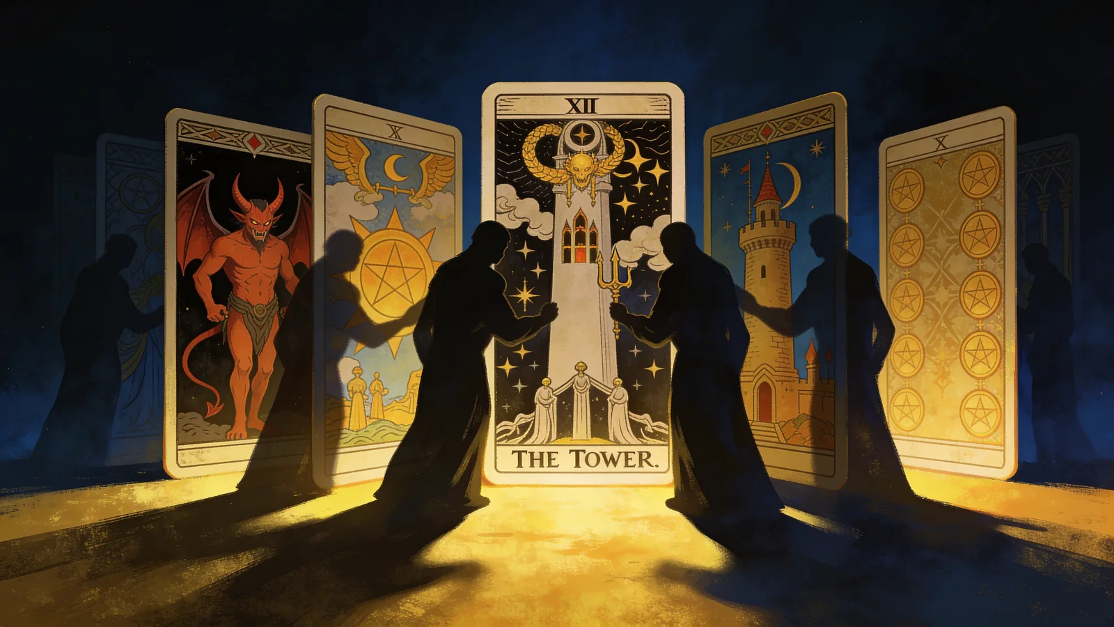 Tarot spreads for shadow work, The Devil and The Tower cards glowing in dim candlelight
