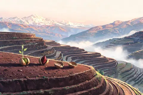 Four seed pods splitting open on terraced fields at dawn