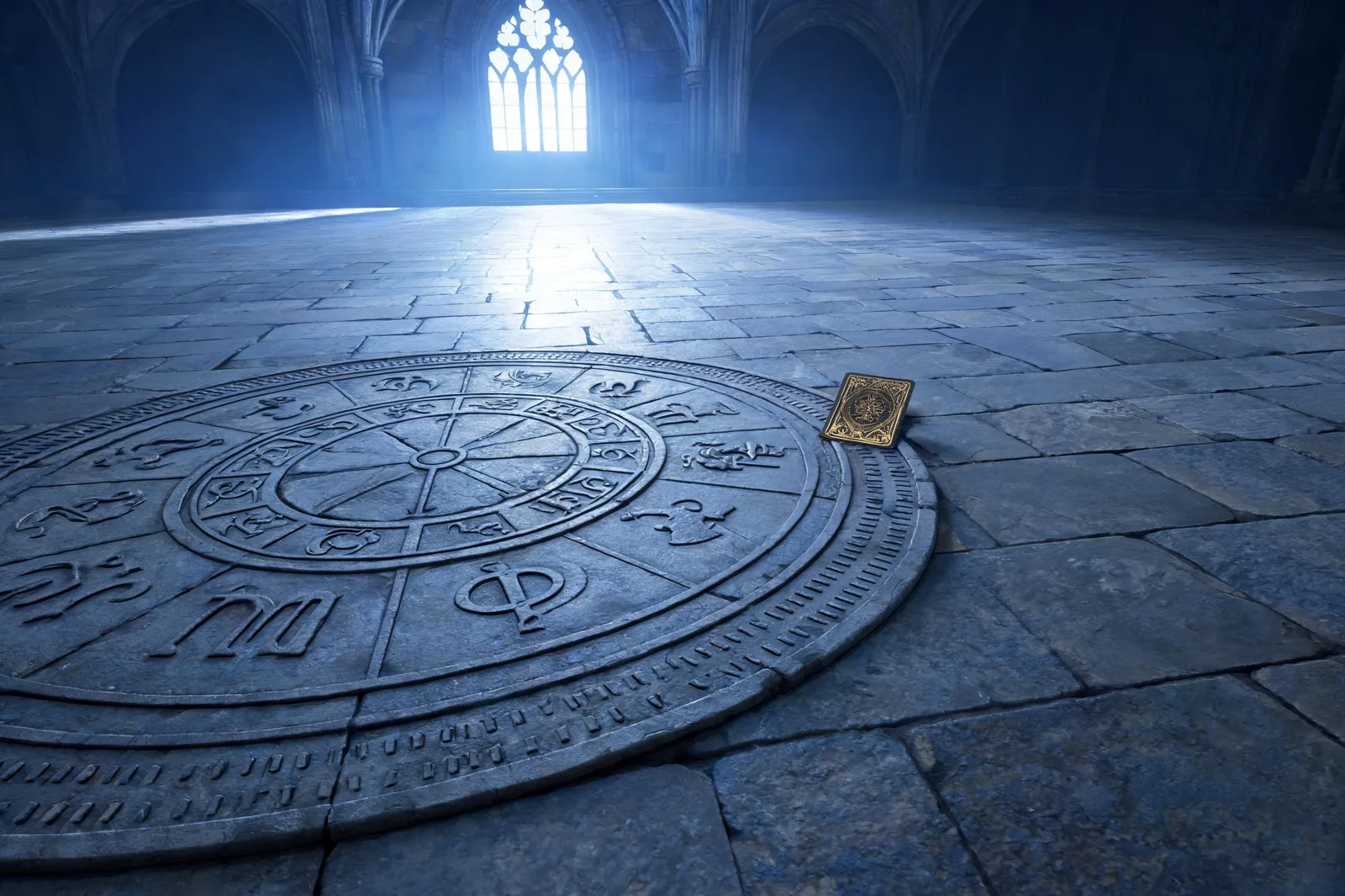A great stone zodiac wheel carved into a cathedral floor, twelve signs in a circle with thirty small divisions, low angle, a small card at the edge, blue-hour light, golden dawn court cards