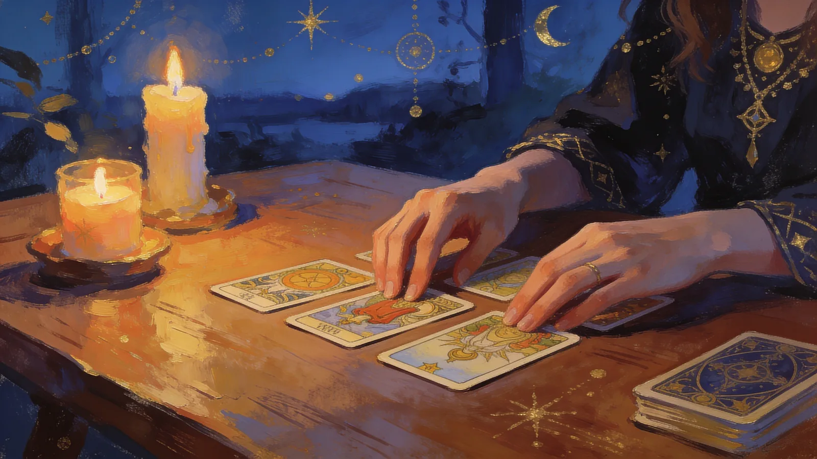 A person learning how to read tarot cards, cards spread on a wooden table by candlelight