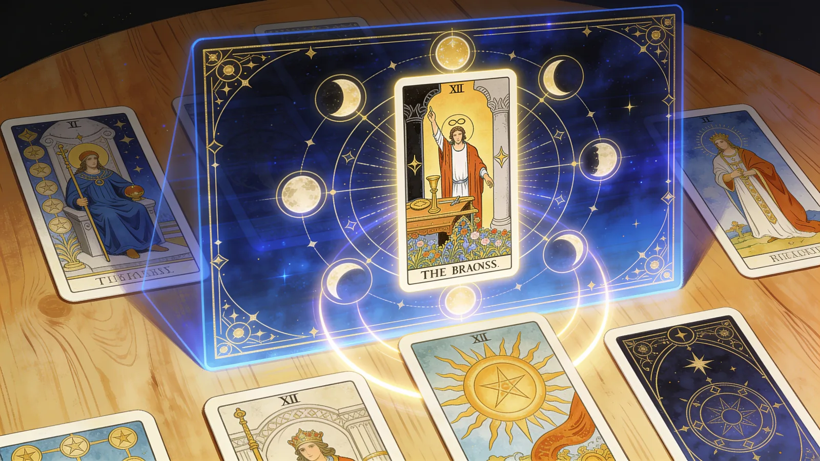 Is AI tarot accurate, a glowing digital tarot card interface beside traditional cards on a table