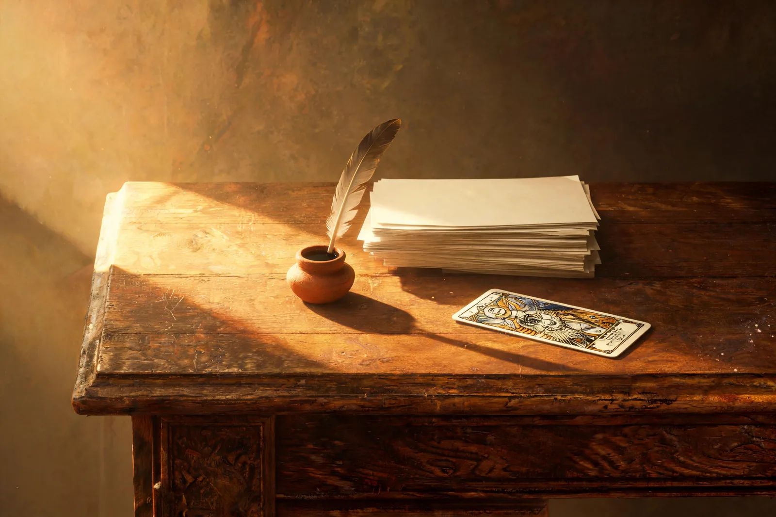 A candlelit 18th-century Parisian print seller's study at blue hour, a quill and inkwell on the desk, a single small tarot card beside a stack of freshly printed sheets
