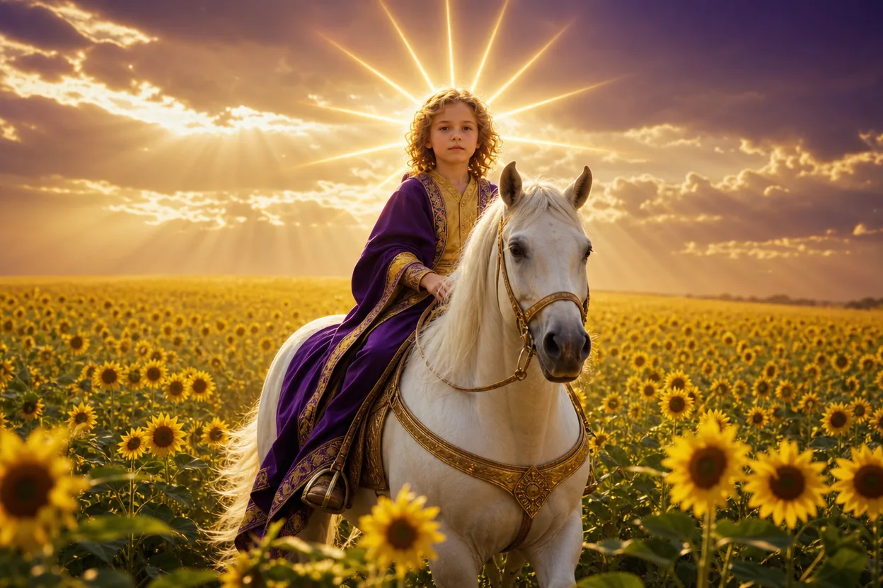 A radiant child riding a white horse through a field of golden sunflowers under a blazing sky — the sun tarot card meaning thoth deck imagery