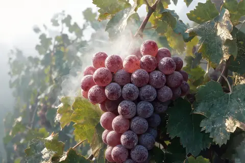 A grape cluster in mist at full harvest